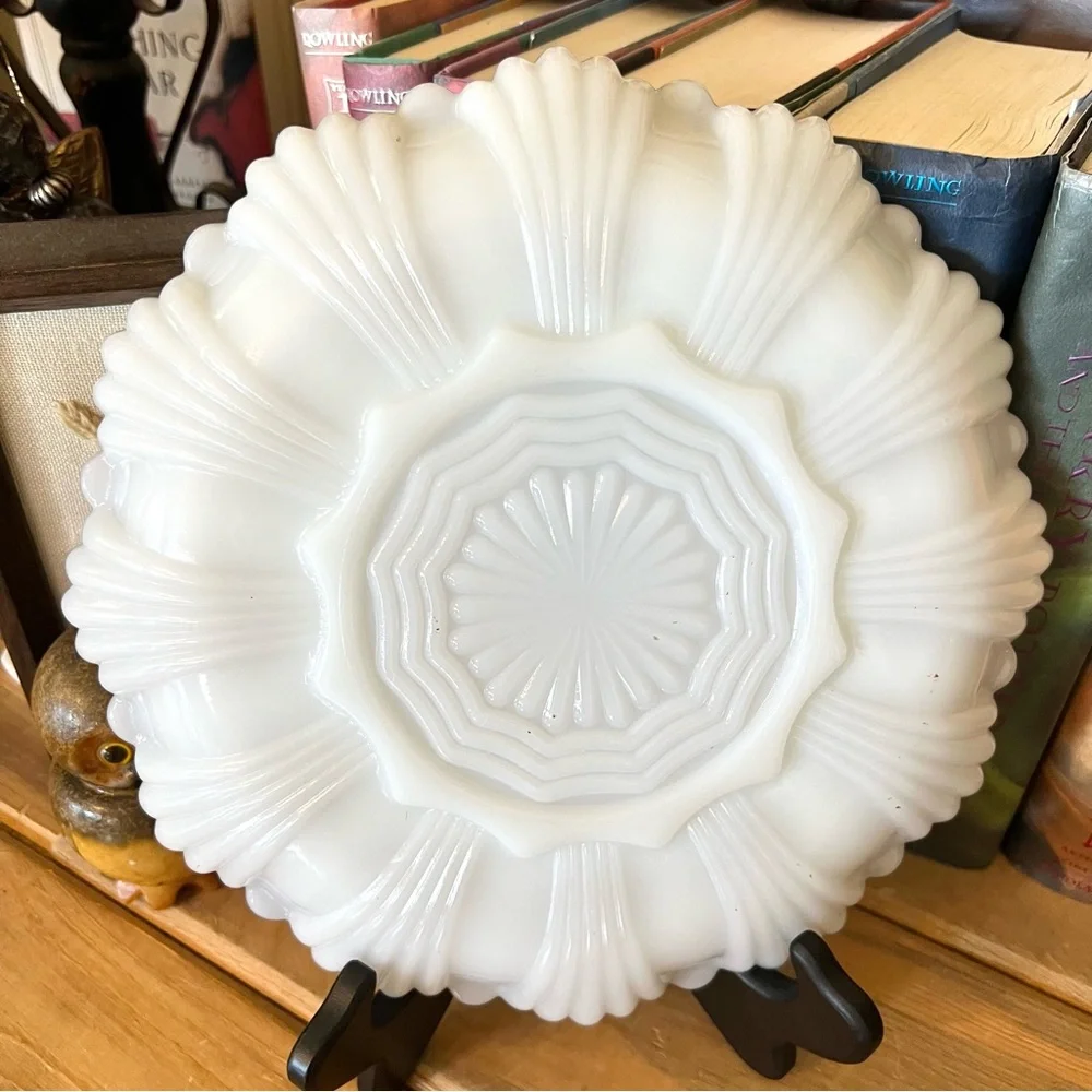 Vintage Anchor Hocking Milk Glass Deviled Egg Divided Plate with Gold Rim 1950s